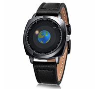 MINILUJIA Waterproof World Map Watches for Men Classic Earth Globe Moon Sun Rotating Eye-catching Cool Unique Mens Watches, genuine leather strap, Classic