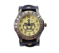 MINILUJIA Women Leather Watches Handmade Vintage Retro Punk Women Wrist Watch Bronze Dial Crown Pattern Quartz Men Watches, black, vintage punk retro leather