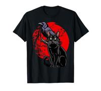 Minimal Black Cat and Raven Red The Moon Symbolic Murakami T-Shirt