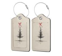 Minimal Christmas Evergreen Tree Red Ribbon Bow Luggage Tag for Suitcase 2 Pack Leather Luggage Tag with Privacy Flap Name Id Label and Metal Loop for Women Men Travel