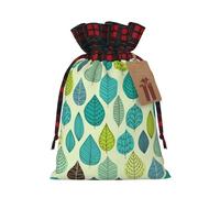 Minimal Leaf Pattern Print Christmas Drawstring Linen Gift Bags Reusable Fabric Bags With Tags For Christmas Gifts