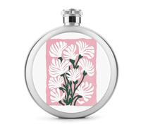 Minimalism Botanical White Flowers Stainless Steel Hip Flask for Liquor, Round Pocket Portable Wine Flask for Drink 5 Oz