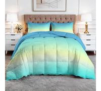 Minimalism Geometry Gradient Coverless Duvet Euro Single 155 x 220 cm Reversible Coverless Duvet All Seasons with 2 Pillowcases, Children Printed Lightweight and Machine Washable Bedding, Light Blue