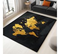 Minimalism Golden World Map Marble Rug Living Room Soft Short-Pile Black Rugs for Bedroom Anti Slip 180 x 240 cm, Thin Carpets for Dining Rooms, Offices, and Kids' Playrooms