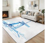 Minimalism Machine Washable Rug 160x230 cm, Classic Farmhouse Windmill Blue Stripes Short Pile Carpet Non-Slip Carpet - Durable Non-Shedding White Rug for Living Room Bedroom Hallway Home Office