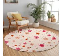 Minimalism Round Area Rugs 160 cm Hand-Drawn Spring Flowers Soft Fluffy Carpet Mat, Peach Circle Area Rug Non Slip Washable Doormat Bedside Carpet for Living Room Bedroom Kitchen Floor Mat