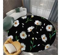 Minimalism Round Rugs 100cm, Black Rug for Living Room Circle with Non Slip Backing Washable Rug for Bedroom, Soft Beautiful Flowers Daisies Printed Carpet for Kid’s Room Nursery