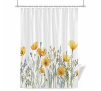 Minimalism Yellow Floral Shower Curtain for Bathroom, Watercolor Plants White Background Waterproof Cloth Fabric Bathroom Accessories Set with 12 Rust Proof Plastic Hooks, 48” x 72”