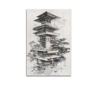 Minimalist Abstract Canvas Wall Art Prints Picture - Japandi Architecture Tower Poster Unique Multi - Level Building with Trees Home Decor Artwork Posters 20x30inch(50x75cm)