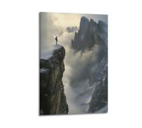 Minimalist Abstract Canvas Wall Art Prints Picture - Scandinavian Landscape Poster with Hiker on Cliff Edge And Misty Peaks Wall Decor Artwork Posters 20x30inch(50x75cm)