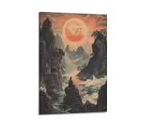 Minimalist Abstract Canvas Wall Art Prints Picture - Surrealism Landscape Poster with Meditating Figure And Celestial Sun Wall Decor Artwork Posters 24x36inch(60x90cm)