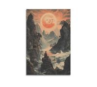 Minimalist Abstract Canvas Wall Art Prints Picture - Surrealism Landscape Poster with Meditating Figure And Celestial Sun Wall Decor Artwork Posters 20x30inch(50x75cm)