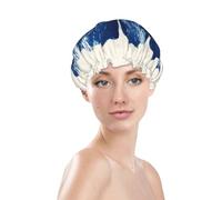 Minimalist Abstract Ginkgo Leaf Deep Blue Prints Shower Cap Double Layer Lined Waterproof Bathing Shower Hat