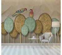 Minimalist Abstract Hand Drawn Golden Leaves Forest Parrots 3D Wallpaper Easy Install Feature Office Living Room Sofa Bedroom TV Background Wall Decoration-200cm×140cm