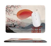 Minimalist Abstract Japan Torii Stitched Edge Mouse Pad,Geometric Colorful Japanese Red Sun Cherry Blossom Mount Fuji Soft Mousepad with Non-Slip for Office,Home 9.4"x7.9"