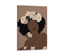 Minimalist African American Woman Floral Wall Art Boho Abstract Female Portrait Print for Bedroom Bathroom Living Room Decor Gift 24x36inch(60x90cm) Framed