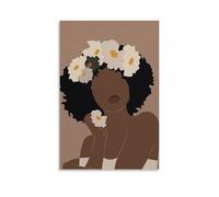 Minimalist African American Woman Floral Wall Art Boho Abstract Female Portrait Print for Bedroom Bathroom Living Room Decor Gift 16x24inch(40x60cm) Unframed