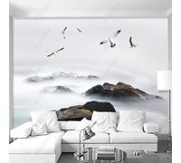 Minimalist Ambience Landscape Mountain Peaks Flying Birds Mist 3D Wallpaper Premium Textured Silk Study Dining Living Room Bedroom Sofa TV Wall Easy Install-350cm×256cm