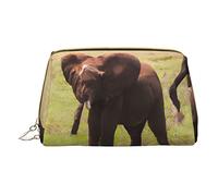 Minimalist and Stylish Portable Leather Makeup Bag,Herd of Elephants on The Grassland Printed Cosmetic Bag for Girls Womens - Small Size
