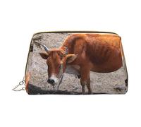 Minimalist and Stylish Portable Leather Makeup Bag,Lonely Cow Printed Cosmetic Bag for Girls Womens - Small Size