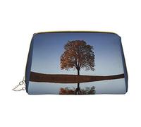 Minimalist and Stylish Portable Leather Makeup Bag,Lonely Tree on Calm Lake Printed Cosmetic Bag for Girls Womens - Small Size