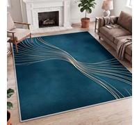 Minimalist Art Deco Geometric Lines Low-Pile Area Rug 80 x 150 cm, Machine Washable Non-Slip Small Carpet, Stain Resistant, Easy to Clean, Bedside, Kitchen, Hallway, Home Office, Desk, Teal & Gold