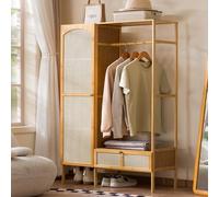 Minimalist Bamboo Freestanding Clothes Rack with Rattan Doors & Drawers Open Wardrobe with Storage Shelves for Bedroom Entryway Small Spaces 101cm/40in