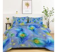 Minimalist Blue Peacock Feather Pattern Comforter Duvet 10.5 Tog, Light Sky Blue And Yellow Green Reversible Coverless Duvet, Soft Bedding Comforter Sets for All Seasons, Warm Quilt with 2 Pillowcases