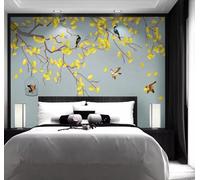 Minimalist Branches Yellow Ginkgo Leaves Flying Birds 3D Wallpaper Silky Texture Home Study Office Grey Dining Room Sofa Bedroom Living Room TV Backdrop-200cm×140cm