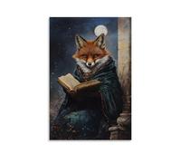 Minimalist Canvas Wall Art Picture Print-Mystical Fox Reading Book Under Full Moon Poster Modern Family for Living Room Decor Unframe-style 16x24inch(40x60cm)