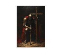 Minimalist Canvas Wall Art Picture Print-Religious Poster Dramatic Medieval Knight with Cross Spiritually Inspiring Modern Family for Living Room Decor 20x30inch(50x75cm)