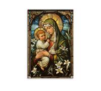 Minimalist Canvas Wall Art Picture Print-Religious Poster Heavenly Virgin Mary with Baby Jesus in Stained Glass Style Modern Family for Living Room Decor 24x36inch(60x90cm)