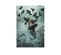 Minimalist Canvas Wall Art Picture Print-Surrealist Poster with Woman Surrounded by Flying Crows in Snow Modern Family for Living Room Decor UnFramed 12x18inch(30x45cm)