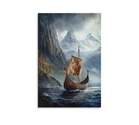 Minimalist Canvas Wall Art Picture Print-Viking Ship Poster with Majestic Mountains And Misty Fjords Modern Family for Living Room Decor UnFramed 12x18inch(30x45cm)
