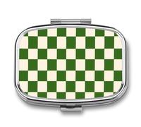 Minimalist Checker Board Pattern Green Ivory Squares Pill Box 2 Compartment Portable Medicine Pill Case Travel Pill Organizer for Pocket Purse
