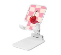 Minimalist Cherry On Pink White Checker Board Foldable Cell Phone Stand Adjustable Angle Height Desktop Portable Cellphone Cradle Compatible With All Smartphone White-Style