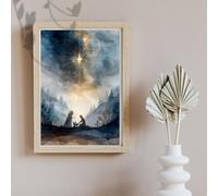 Minimalist Christian Christmas Nativity Art, A4 Glossy Print, Holy Night Watercolor Poster, Navy & Gold Spiritual Wall Decor, Mary, Joseph & Baby Jesus Illustration