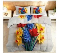 Minimalist Coverless Duvet Set with 2 Pillowcases 50x75 cm Reversible Microfibre Duvet with Botanical Red Tulip, Washable Breathable Bedding Set for All Seasons Double Quilt 200x200 cm