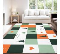 Minimalist Cozy Countryside Fresh Camping Area Rug 150 x 210 cm Washable Rugs Carpet Indoor Non-Slip Floor Mat Green Orange Checks Squirrel Hearts Floor Carpet for Living Room Hallway