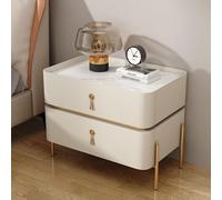 Minimalist Cream Leather Nightstand - Modern 2-Drawer Bedside Cabinet with Metal Handle, Stylish Wooden Nightstand for Bedroom Furniture, Chic Bedside Table/Cupboard.