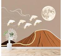 Minimalist Creative Full Moon Flying Fish Mountain Scenery 3D Wallpaper Premium Textured Silk Study Dining Living Room Bedroom Sofa TV Wall Easy Install-350cm×256cm