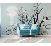 Minimalist Creative Moon Flying Birds Dead Tree 3D Wallpaper Luxury Silk Study Dining Feature Sofa Grey Bedroom Living Room Tv Decorative Wall-250cm×170cm