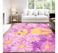 Minimalist Cute Artistic Therapeutic Bright Area rug 80 x 150 cm, Pink Yellow Flowers Cat Short Pile Indoor Carpet for Teen Girls’ Room, Non Slip Washable Carpet
