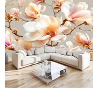 Minimalist Elegant Magnolia Oil Painting Branches Wall Mural Photo Wallpaper, Camel Non-Woven Feature Wall Decor for Living Room, Bedroom & Study 300 x 210 cm