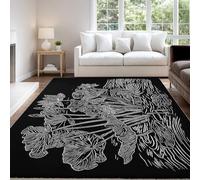 Minimalist Elegant Peaceful Classic Area rug 140 x 200 cm, Black Gray Plants Flowers Short Pile Indoor Carpet for Living Room, Non Slip Washable Carpet