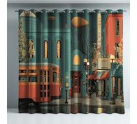 Minimalist Eyelet Curtains Microfiber,Green Orange Vivid Bus Street Super Soft Grommet Top Full Blackout For Living Room,52 x 84 Inch Drop 2 Panels