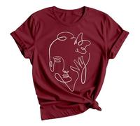 Minimalist Face Line Art Womens Graphic T-Shirt Abstract Butterfly Design Tee 14 Burgundy