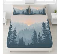 Minimalist Forest Fitted Sheet Single Size, Serene Forest Tree Sunset Bedding Set 30 cm Deep 2pcs with 1 Pillowcase for Kids Teens, Soft Microfiber Bed Cover 90 x 190 cm