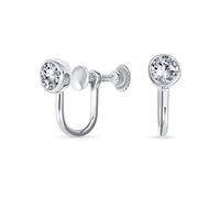 Minimalist Geometric Round Solitaire Bezel Cubic Zirconia CZ Screw back Clip On Stud Earrings For Women Sterling Silver
