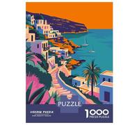Minimalist Greece Art 1000 Piece Jigsaw Puzzle, Old Europe Travel Artwork, Decorative Artwork, Matte Printed Jigsaw, Family Night Game for Adults, 52x38cm/1000pcs